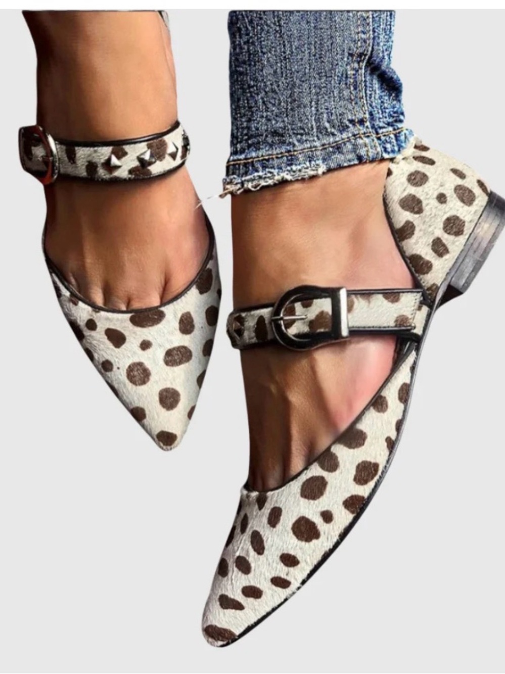 Dalmatian 🐾 Print Pointed Toe Mary Jane Flats in Cream & Brown w/Buckle
